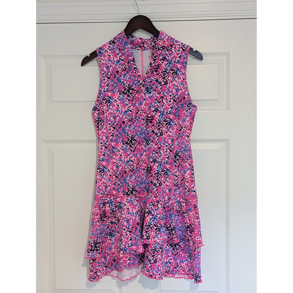 Ellabelle Activewear Golf Tennis Dress Size Large Pink Blue Speckle Ruffle EUC